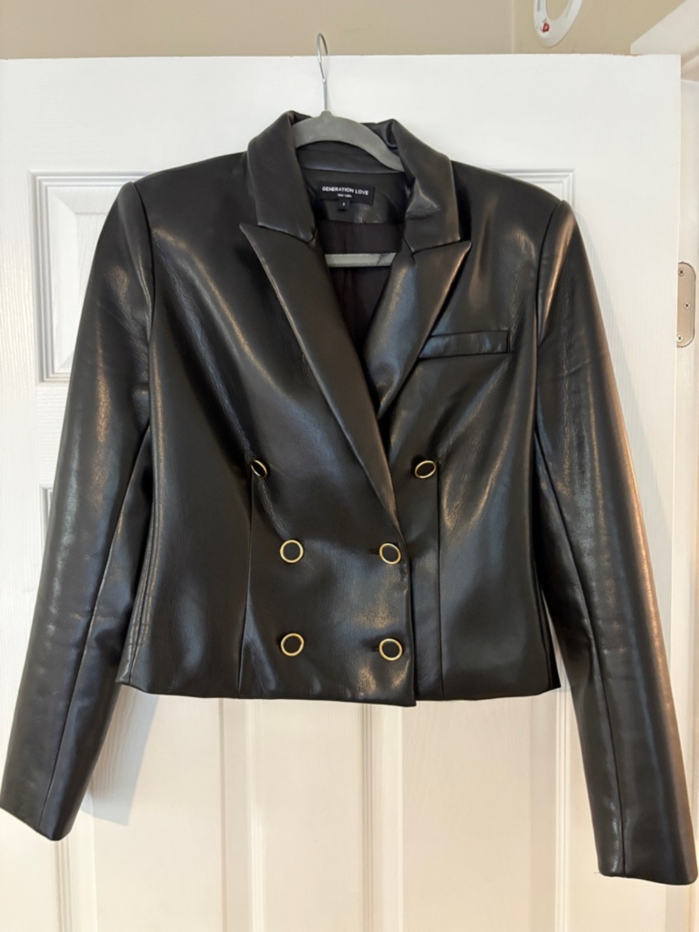 Generation Love Black Faux Leather Double-Breasted Blazer with Gold Buttons